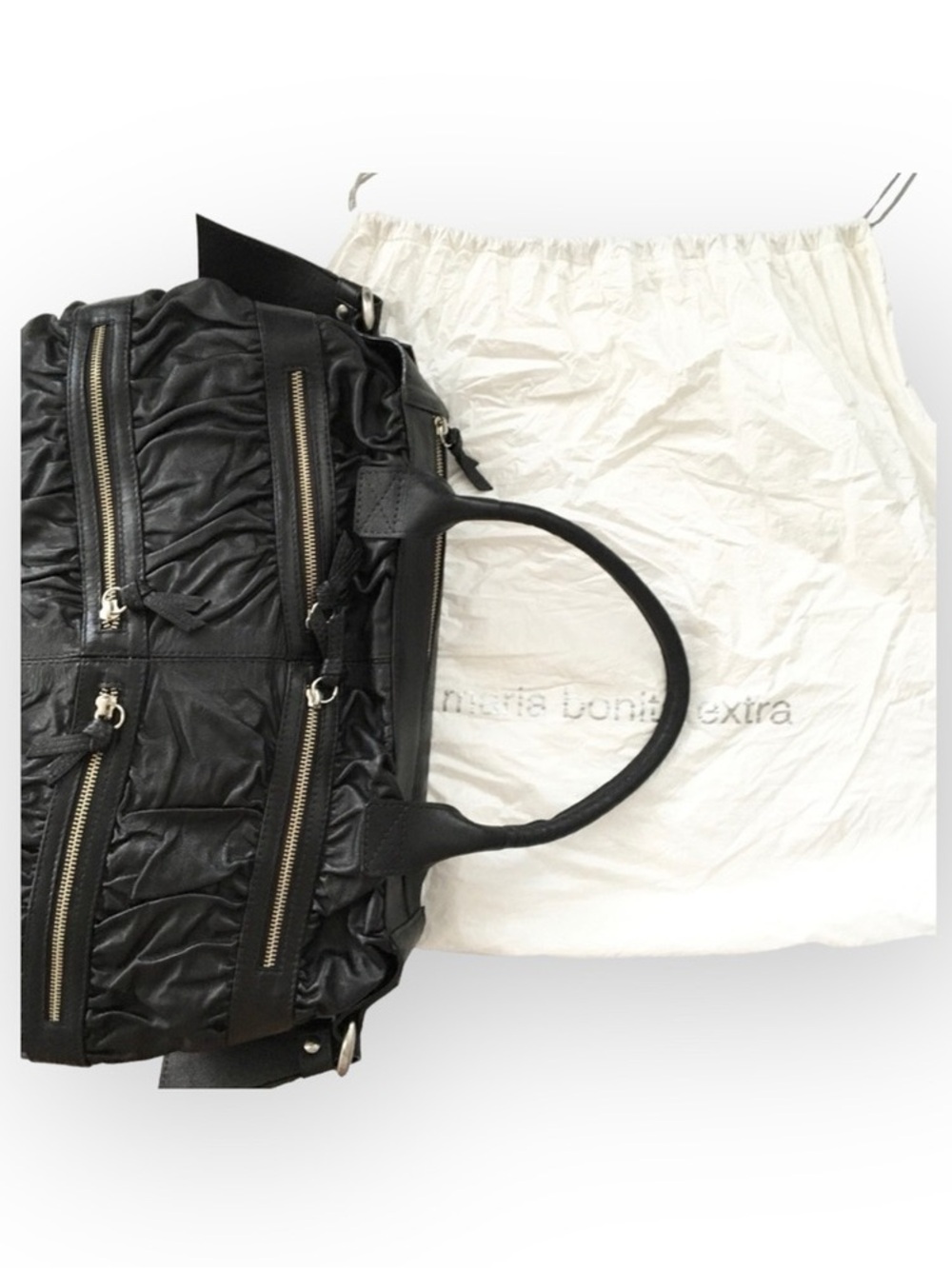 new Maria Bonita Extra ༄ Zip Pockets Leather Travel Bag ༄ Black Metallic Sheen - Picture 11 of 16